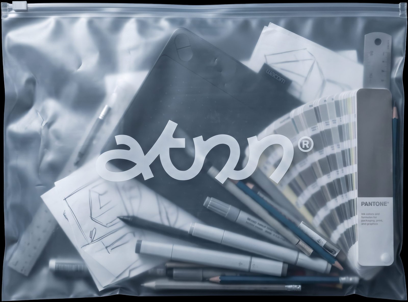 Pochette transparente contenant une tablette Wacom, un nuancier Pantone, des feutres, des crayons et des croquis